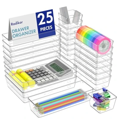 Immagine di Radikor Organizer Cassetti 25 Pezzi, Trucchi in Plastica Trasparente, Bagno Impilabili di 4 Dimensioni, Contenitori per Bagno, Cucina, Trucchi, Scrivania