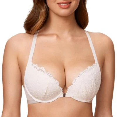 Immagine di DOBREVA Donna Reggiseno Push Up Apertura Frontale Pizzo con Ferretto Imbottito Scollatura Profonda Bianco Cocco 4E