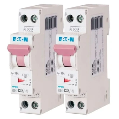 Immagine di EATON 264749 PLG4 C32/1N DISGIONTTORE MODULARE PH/N Bianco CONTROLLO VIOLA 1P+N / 32A CURVA C Collegamento a vite 2 interruttori