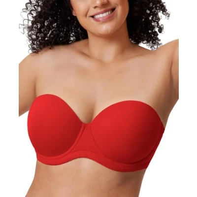 Immagine di DELIMIRA Donna Reggiseno Senza Spalline Push Up Invisibile Taglie Forti Multiuso con Ferretto Coppe Modellate Rossetto Rosso 6F