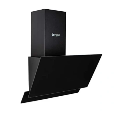 Immagine di Wiggo cappa aspirante da 50 cm, senza cappuccio, uscita 300 m3/h, display touch a 3 livelli, inclinata con filtro antigrasso e 2 filtri carbone, parti frontali in vetro nero