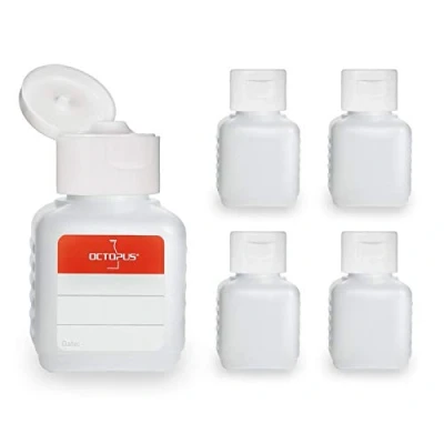 Immagine di 5 flaconi di plastica Octopus da 50 ml, bottigliette HPDE con tappo flip top bianco, bottiglie a cerniera quadrati etichette adesive