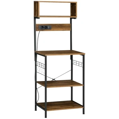 Immagine di HOMCOM Scaffale da Cucina con Multipresa, Mobile per Microonde Ripiani e Ganci Stile Industriale, Legno Acciaio, 60x42x153cm, Marrone