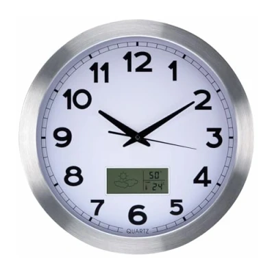 Immagine di Perel Orologio da parete, rotondo, analogico, 35 cm, display LCD con termometro, igrometro e previsioni del tempo, alluminio, argento