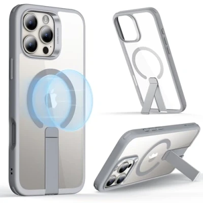 Immagine di ESR Cover con supporto per iPhone 16 Pro Max, Compatibile MagSafe, Custodia magnetica Flickstand completamente regolabile, Protezione di livello militare, Antiurto, Grigio Trasparente
