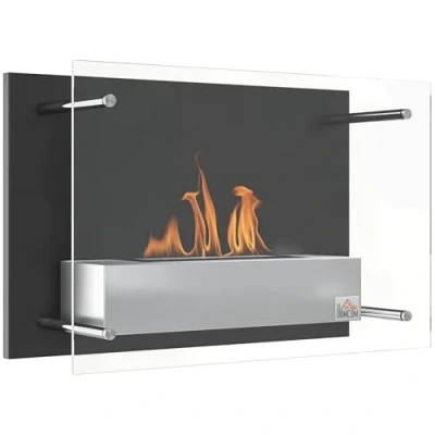 Immagine di HOMCOM Caminetto a bioetanolo parete Bruciatore da 1,5 L, circa 3 ore di autonomia Dim. 60L x 22L 40H cm Copertura 20 25 m² Acciaio inox