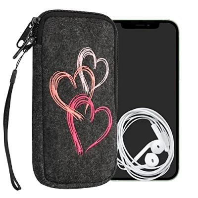 Immagine di kwmobile Custodia in Feltro con Zip per Smartphone XL 6,7/6,8&quot; Astuccio portacellulare a Sacchetto Cerniera e Ricamo Borsa Cuore Metallico Rosa Antico/Rosa/Grigio Scuro