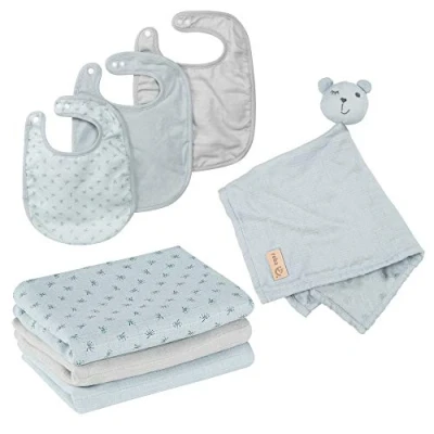 Immagine di roba Set Regalo Baby Essentials Lil Planet 3 Bavaglini in Jersey e Mussola 1 Morbido DouDou Panno Doppio Strato Lenzuolini 80% Cotone 20% Poliestere Azzurro