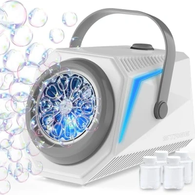 Immagine di Blubbel Macchina Bolle di Sapone LED, 4x 90ml Liquido, Automatico Pistola Sparabolle Bambini, Bazooka d&#039;Aria, Bubble Gun, Giocattolo Estivo, Regalo Matrimonio, Gioco all’Aperto