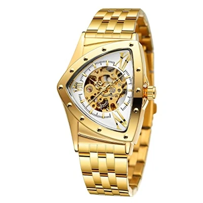 Immagine di FORSINING Orologio da polso uomo, impermeabile fino a 30 m, scheletro, automatico, abbagliante, retrò, triangolare, Oro e bianco., Bracciale