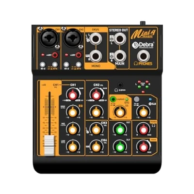Immagine di mixer audio professionale Mini4, per streaming, a 4 canali, interfaccia USB e alimentazione phantom 48 V Bluetooth podcasting, performance dal vivo