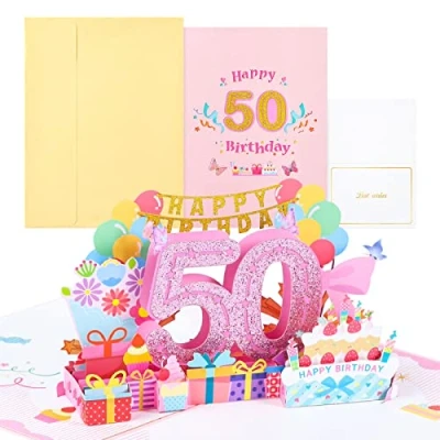 Immagine di joyoldelf 50 biglietto di auguri pop up 3D compleanno, con busta per donne, mamme, ragazze, uomini, amici, romanticismo