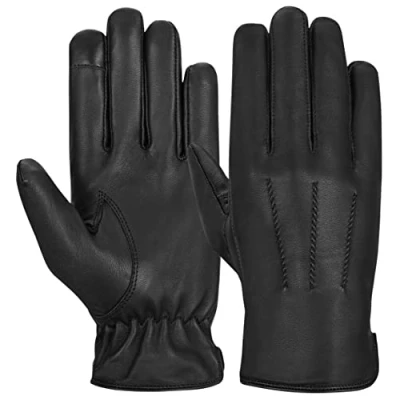 Immagine di Hand Fellow guanti da uomo in pelle nera foderati pile touch screen motociclista invernali caldi per esterni, Nero , M