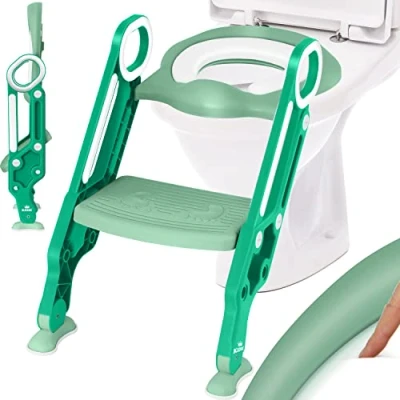 Immagine di KIDIZ® Sedile del water per bambini Trainer wc con scale e maniglie pieghevole Vasino l&#039;apprendimento cuscino comodo ampi gradini, verde