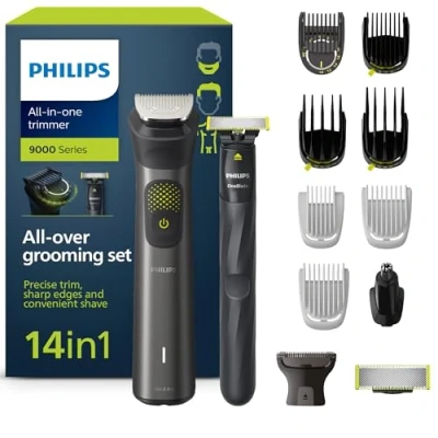 Immagine di Philips Series 9000 14 in 1 Rifinitore + OneBlade, rifinitura precisa, bordi ben definiti, rasatura comoda, borsa da toilette di qualità, lama OneBlade extra (modello MG9550/15)
