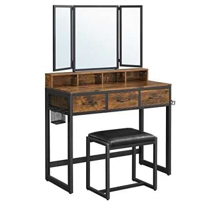 Immagine di VASAGLE RVT004B01 Set di mobili sotto lo sgabello imbottito, con specchio tripper, 3 cassetti, supporto per asciugacapelli, tavolo da toeletta, stile industriale, marrone rustico e nero