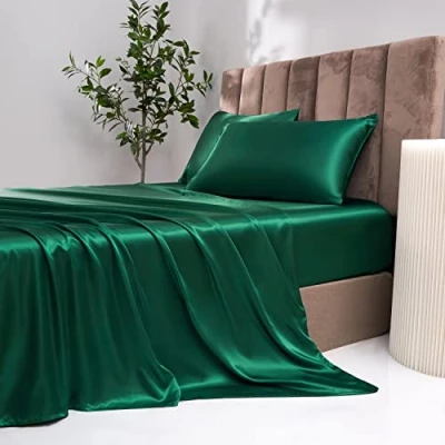 Immagine di Damier Lenzuolo con angoli elasticizzati in raso, 180 x 200 cm, verde scuro, seta lucida, di alta qualità, adatto per materassi fino a 30 cm