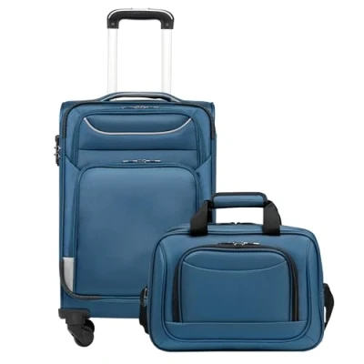 Immagine di COOLIFE valigia trolley da viaggio di 4 ruote in tessuto bagaglio a mano serratura TSA La contiene 1 grande borsa tracolla, blu+argento, Handgepäck Set 2tlg, Softbox