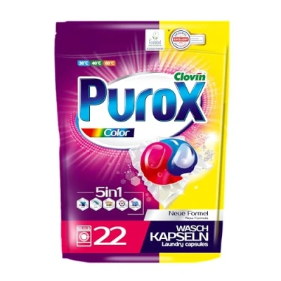 Immagine di PUROX COLOR Detersivo Lavatrice In Capsule (22 Lavaggi) a 2 camere per il lavaggio di tessuti colorati Detergente doypack 396 g