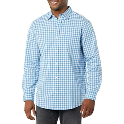 Immagine di Amazon Essentials Camicia in Popeline Elasticizzato A Manica Lunga dalla vestibilità Regolare Uomo, Blu Chiaro Bianco Percalle, XS