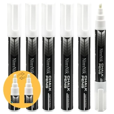 Immagine di NIMNIK Pennarelli a gesso liquido bianco per specchio di auto, marcatori gesso, cancellabili, punta smussata reversibile da 6 mm, confezioni finestrini auto