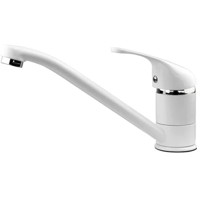 Immagine di Xcel Home Rubinetti da cucina rotondi bianchi Monoblocco monocomando a leva superiore girevole lungo beccuccio con tubi e raccordi standard salvaspazio ideali per lavelli
