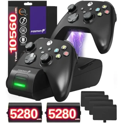 Immagine di Fosmon DUAL 2 MAX Stazione di Ricarica Compatibile con Controller Xbox Series X/S (2020), One/One X/One S Elite Controllers, (Dual Slot) Caricabatteria e 2x 2200mAh Batteria Ricaricabile Nero