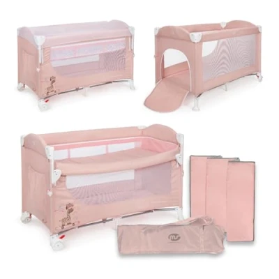 Immagine di ms Ennis Lettino da viaggio per bambini, 3 in 1, pieghevole, 2 altezze con buona circolazione dell&#039;aria ingresso laterale e ruote freno Include borsa