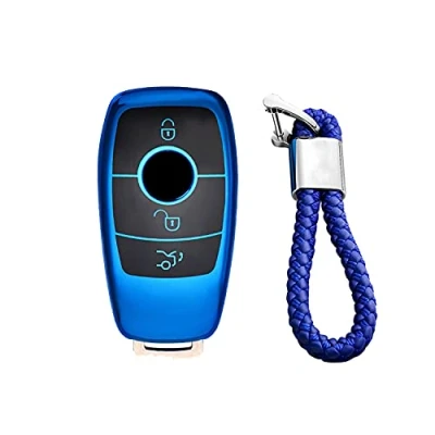 Immagine di M.JVisun Morbido TPU Chiave Auto Protettiva Custodie Cover per Mercedes Benz 2019 2021 A Classe C G 2017 E 2018 S Lucido Blu Intrecciato Portachiavi
