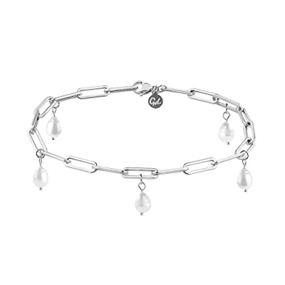 Immagine di GD GOOD.designs Cavigliera con perle Impermeabile d&#039;acqua dolce per donna I Catena a maglie in acciaio inossidabile Argento Misura regolabile