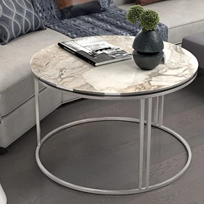 Immagine di [en.casa] Tavolino Basso da caffè (AxØ) 50 x 70 cm Salotto con Base Circolare e Piano Rotondo Effetto Marmo Bianco/Argento