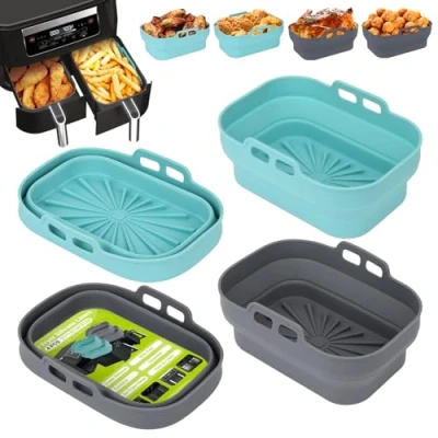 Immagine di Alyvisun Teglia per Friggitrice ad Aria, 4 Pezzi Stampi Silicone Air Fryer Riutilizzabile Contenitore Teglie Aria Contenitori Cestello Vaschette Airfryer, Forno, Microonde (Blu+Grigio)