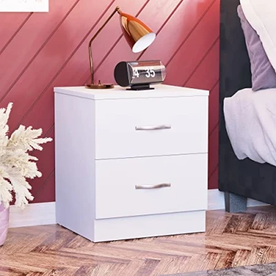 Immagine di Vida Designs comodino Bianco con 2 cassetti, maniglie e guide in metallo,