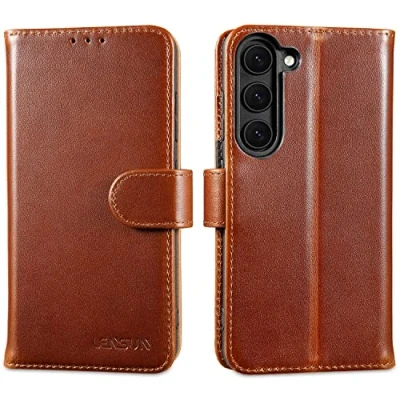 Immagine di Lensun Custodia per Samsung Galaxy S23, Cover in Vera Pelle Libro con Portafoglio [RFID Blocking] Chiusura Magnetico Flip Custodie Cuoio Telefono S23 5G Marrone scuro
