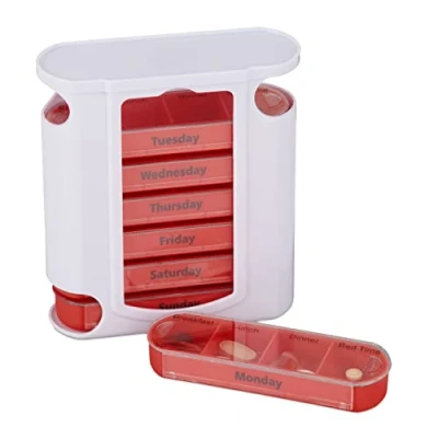 Immagine di Relaxdays Portapillole 7 Giorni, Tower Pastiglie Settimanale, 4 Scomparti, in Inglese, Organizer Porta Pillola, Coperchio Scorrevole, PP, Bianco/Rosso, 13 x 11,5 4,5 cm, 170 unità