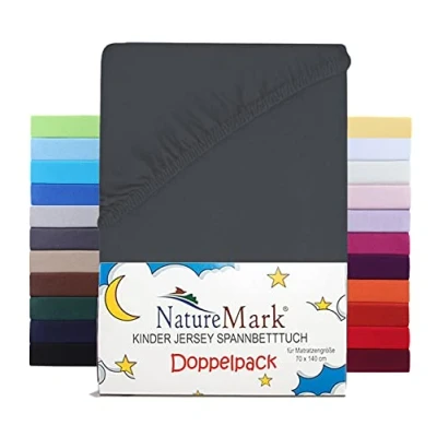 Immagine di NatureMark Set di 2 lenzuoli con angoli elasticizzati per bambini, in jersey, 100% cotone, culla e lettino, 70 x 140 cm, grigio antracite