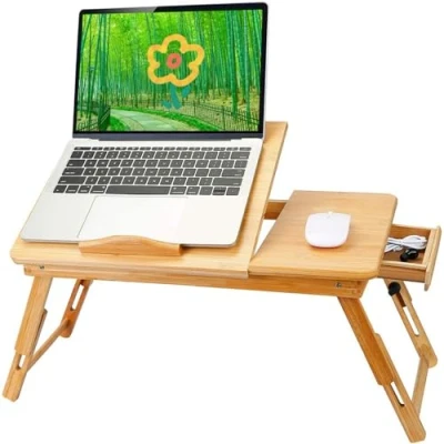Immagine di HUOLE Tavolo per Notebook Pieghevole e Portatile, Portatile Divano legno Tavolini Regolabile Laptop Tablet con cassetro, in Bambu Bamboo, cassetro 66 * 30 35 cm colore