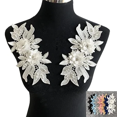 Immagine di Yulakes Applicazione in pizzo con perline da ricamo 3D, ricamata, scollo pizzo, fiori, strass, decorazione tulle, per fai te, scollatura, abito sposa (bianco)