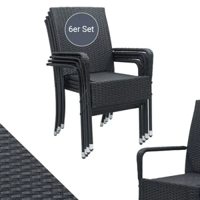 Immagine di Juskys sedie da giardino in polyrattan Yoro set 6 con braccioli e schienale impilabili sedia rattan per impilabile grigio melange