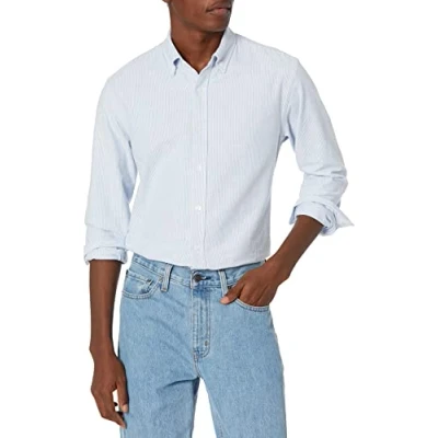 Immagine di Amazon Essentials Camicia Oxford a Maniche Lunghe dalla vestibilità Standard Uomo, Blu Righe, M