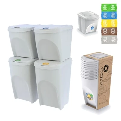 Immagine di botle set di 4 bidoni della spazzatura da 120 l, 2 x 35 l + 25 in bianco cenere, colore bianco, impilabile, compatto modulare e leggero, facile ordinamento dei rifiuti domestici,