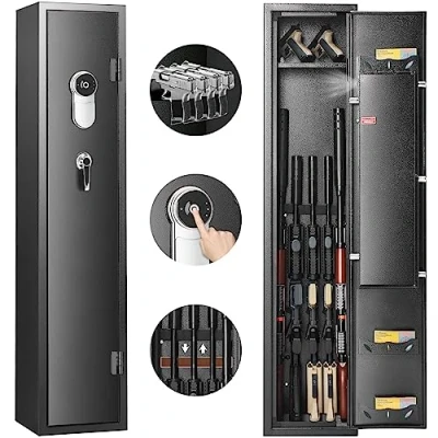 Immagine di VEVOR Cassaforte Portafucili Verticale Posti 5 Fucili con Serraggio dell&#039;Impronta Digitale, di Sicurezza per Armi Pistola in Acciaio Laminata, 30 x 28 138 cm