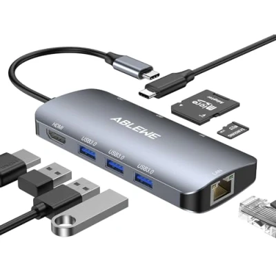 Immagine di ABLEWE hub USB C, di tipo C 8 in 1 adattatore con 4K HDMI, 3 porte 3.0, porta ricarica PD 87W, lettore schede SD/TF, RJ45 Ethernet Gigabit per MacBook &amp;Pro/Air, Chromebook, Huawei,