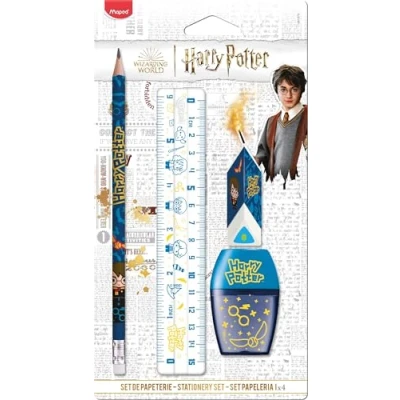 Immagine di Maped Set di cancelleria 4 pezzi 1 righello trasparente 15 cm + temperino foro gomma matita carta HB Licenza ufficiale Harry Potter