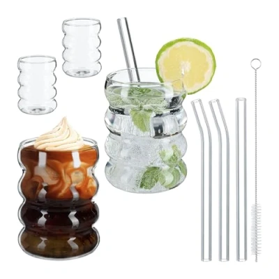Immagine di Relaxdays Trinkgläser gewellt 4er Set di 4 Bicchieri da Acqua, ondulati, Lavabili in lavastoviglie, cannucce, per caffè Freddo, 350 ml, Trasparenti, 80% Vetro Ferro 10% plastica