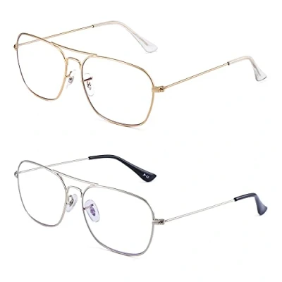 Immagine di JM 2 Pack Occhiali da Lettura Quadrati, Lettore di Computer con Blocco Della Luce Blu montatura in metallo per Donna Uomo +1.00（Oro &amp; argento）