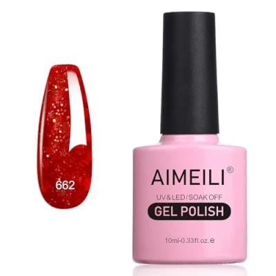 Immagine di AIMEILI Smalto Semipermanente in Gel UV LED per Unghie Kit Smalti Semipermanenti Soak off Colori Manicure Glitter Rosso Natalizio (662) 10ml