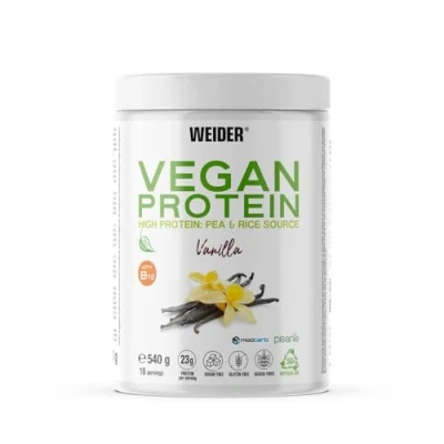 Immagine di Weider Vegan Protein (540g) Gusto Vaniglia. Proteine Vegane 23g/dose isolate di piselli e riso, Con Vitamina B12 Stevia, Senza Glutine, Zucchero, Contenitore 50% Riciclato, 100% Riciclabile