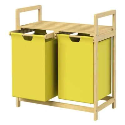 Immagine di ML Design Cesto Portabiancheria con Struttura in Bambù Ripiano e 2 Scomparti Tessuto 60 L Giallo per Biancheria 63x33x73 cm Raccoglitore adatto il Bagno Sacchi Estraibili