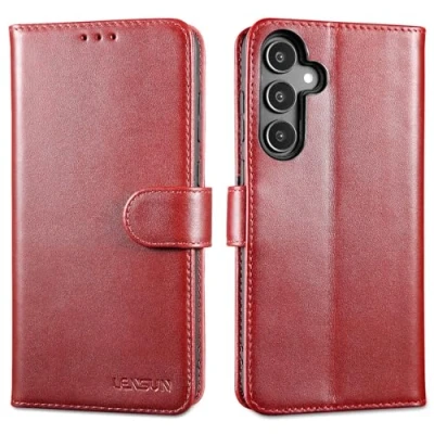 Immagine di Lensun Cover per Samsung Galaxy A55 5G, Custodia in Vera Pelle [RFID Blocking] Libro con Portafoglio Chiusura Magnetico Flip Custodie Cuoio Vino Rosso